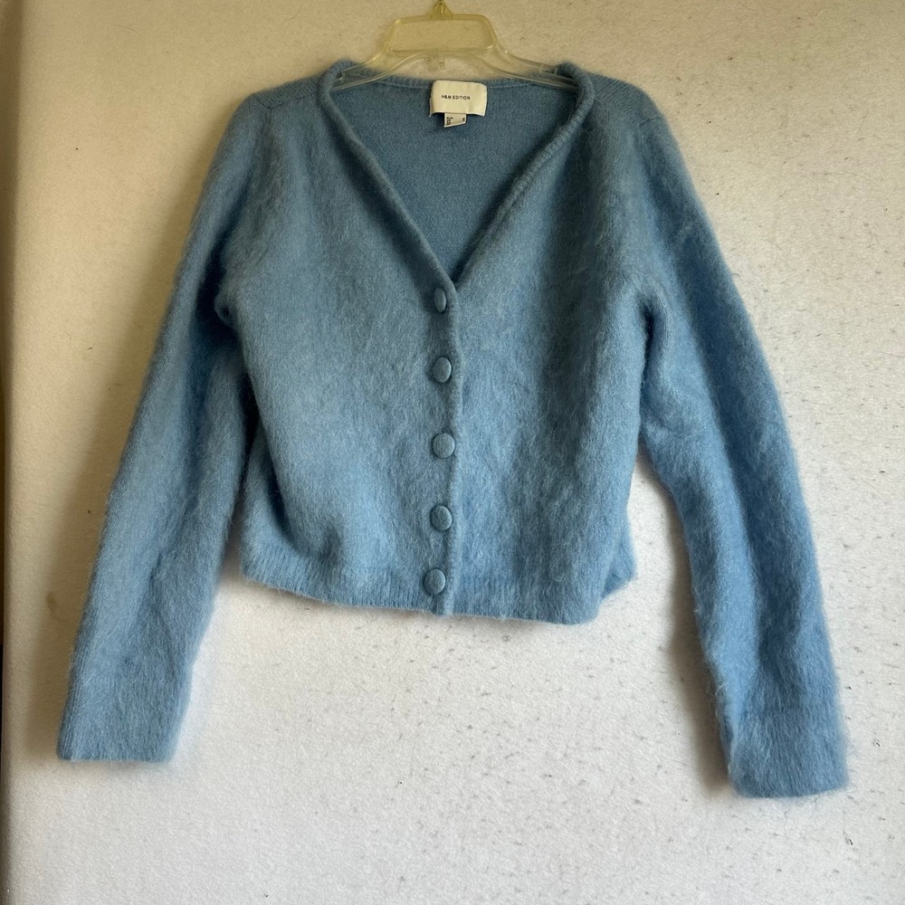 H&M Edition Mohair Wool Blend Cardigan Light Blue Fuzzy V-Neck Sweater Medium